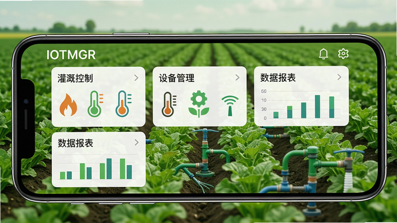 展示IOTMGR软件在智能手机上的主界面,布局清晰,显示“灌溉控制”、“设备管理”、“数据报表”等模块,背景为绿色农田风格,画质高清,干净无多余元素。