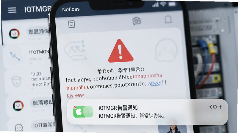 IOTMGR告警通知页面显示红色警告图标,以及具体异常描述,手机通知栏同步提示,画质高清,无多余元素。