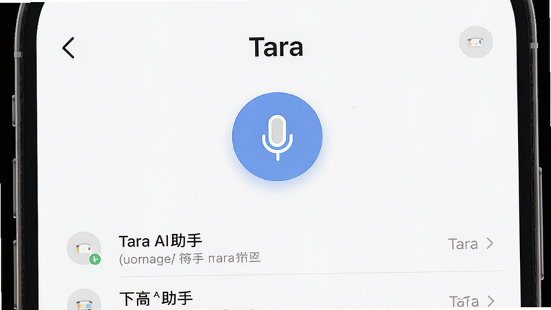Tara AI助手应用主界面截图,手机屏幕显示白色背景,中央圆角麦克风按钮,下方对话列表,风格简约大气,高清画质,干净无多余元素,文字标注'Tara'