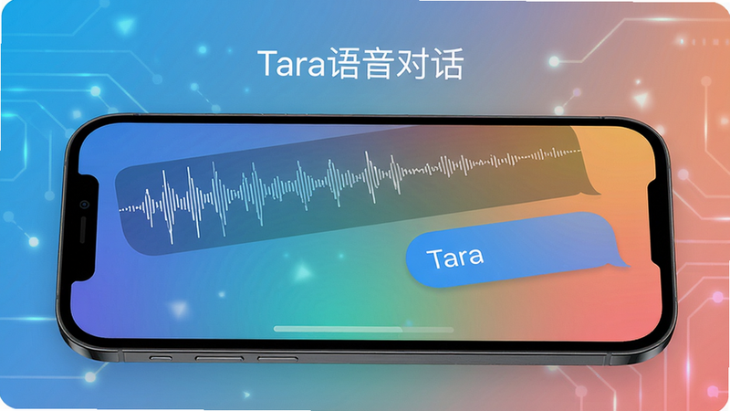 Tara语音对话界面,手机屏幕上显示用户语音输入波形和Tara回复气泡,背景渐变色,科技感,高清画质,干净,文字'Tara语音对话'