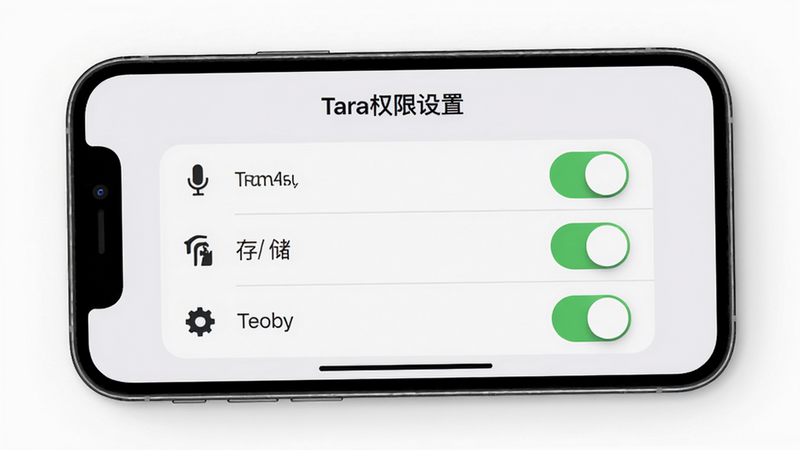 Tara使用指南设置界面,手机屏幕显示权限管理页面,包括麦克风、存储等开关,风格简洁,高清画质,干净,文字'Tara权限设置'