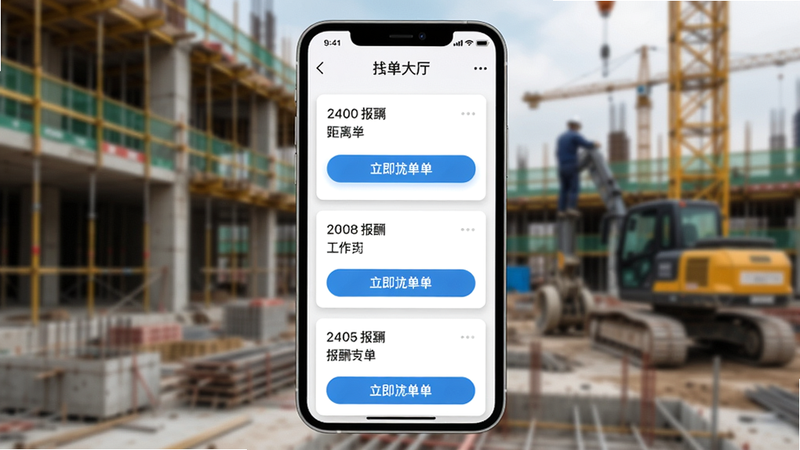 生图提示词: 主体:手机界面截图展示栈匠帮师傅版“抢单大厅”页面,列表上有多个工单卡片,每个卡片显示距离、报酬、工作类型和抢单按钮。布局:手机位于画面中央,背景为虚化的工地场景。排版:卡片信息清晰,按钮醒目。风格:UI设计展示,简洁现代。细节:高亮显示“立即抢单”按钮,卡片边缘有阴影。画质:细腻,无多余元素。