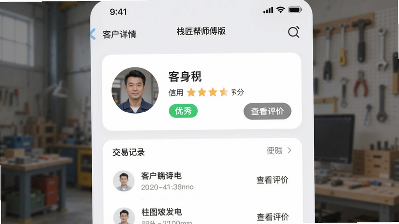生图提示词: 主体:栈匠帮师傅版“客户详情”页面,上方显示客户头像、昵称、信用分五星评级,下方是交易记录列表。布局:卡片式设计,头像圆形。风格:社交类APP风格,柔和圆角。细节:信用分用绿色标注“优秀”,旁边有“查看评价”按钮。画质:清晰无噪点。