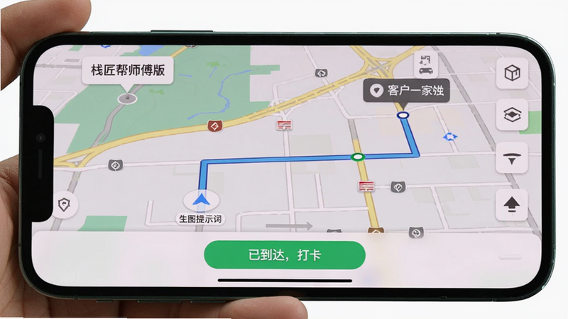 生图提示词: 主体:手机横向握着,显示栈匠帮师傅版导航界面,地图上有一条从当前位置到客户家的路线,底部有“已到达,打卡”按钮。布局:地图占满屏幕,按钮浮在底部。风格:现实导航截图风格。细节:地图上有路况颜色标记,按钮为绿色。画质:清晰,无多余元素。