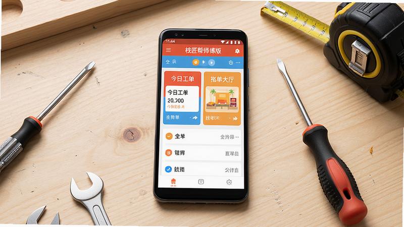 生图提示词: 主体:一部安卓手机平放在工作台上,屏幕显示栈匠帮师傅版APP首页,首页上有“今日工单”和“抢单大厅”入口,手机旁边放着一把螺丝刀和卷尺。布局:手机居中,工具围绕摆放。风格:静物摄影,浅色木纹桌面背景。细节:手机屏幕亮度适中,内容清晰可读。画质:超高清,干净整洁。