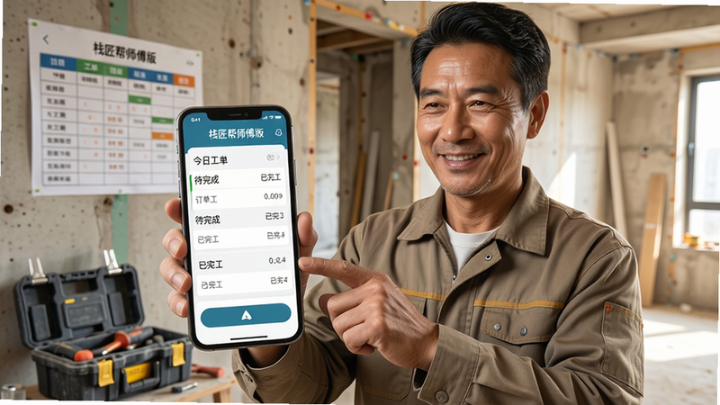 生图提示词: 主体:一位穿着工装的师傅手持手机查看工单,手机屏幕显示“栈匠帮师傅版”APP界面,界面中有订单列表和导航按钮。布局:师傅位于画面中央偏左,手机屏幕朝向观众,背景为毛坯房装修现场,墙上有施工进度表。排版:手机屏幕内容清晰可辨,包含“今日工单”“待完成”“已完工”等文字。风格:写实摄影风格,明亮自然光,色调温暖。细节:师傅手指点在手机屏幕上,脸上露出满意的微笑,身旁放着工具箱。画质:超高清4K,干净无多余杂物。