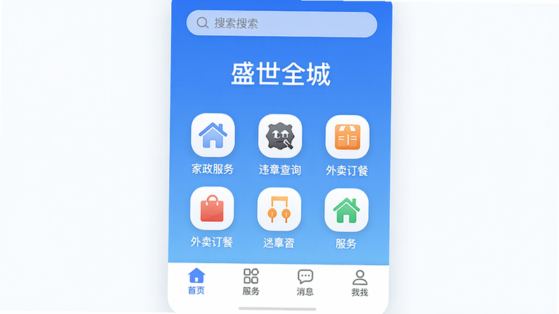 盛世全城APP主界面预览图,整体采用蓝色渐变背景,顶部有搜索框,中部排列着“家政服务”、“违章查询”、“外卖订餐”等图标,底部固定导航栏包含首页、服务、消息、我的,布局清晰,风格现代简约,画质高清,干净无多余元素,文字“盛世全城”居中显示。