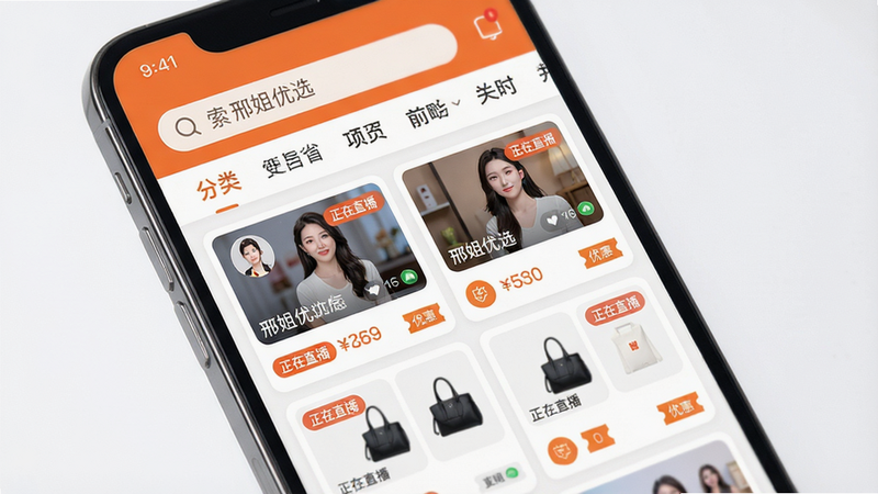 主体为一部智能手机屏幕,显示“邢姐优选”APP首页界面;布局采用卡片式列表,顶部搜索栏和分类导航,中部为多个直播预览窗口,每个窗口带有主播头像、商品缩略图和“正在直播”标签;风格清新明亮,主色调为橙色和白色,细节处有价格标签、优惠券图标;画质高清纯净,无多余元素。