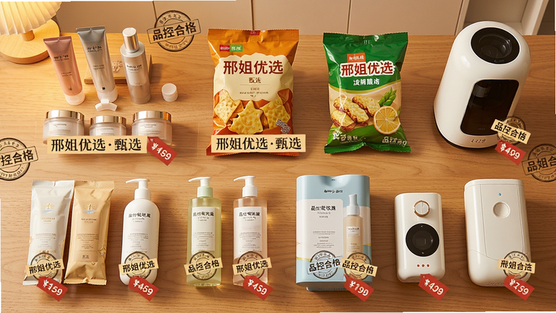 主体为一张木桌上摆放着多种精选商品,包括护肤品、零食、小家电等,每件商品旁有“邢姐优选甄选”标签;布局采用俯拍平铺方式,商品按类别排列整齐;风格简约清新,带有暖色调灯光,细节处有品控合格印章图案和价格标签;画质高清无阴影,干净整洁。