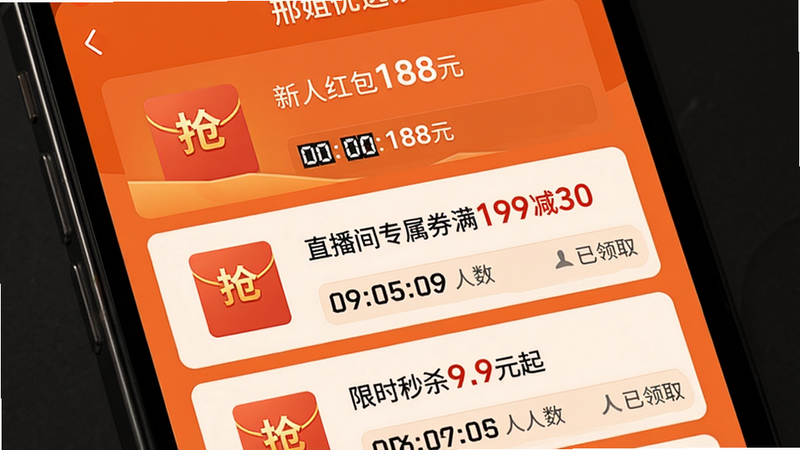 主体为手机截屏风格,显示“邢姐优选”优惠券红包页面;布局居中,从上到下依次是“新人红包188元”、“直播间专属券满199减30”、“限时秒杀9.9元起”等卡片;风格扁平化设计,橙色为主色调,红包图标带有金色“抢”字,细节处有倒计时数字和已领取人数;画质清晰,无多余广告元素。