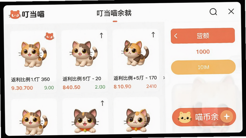 叮当喵购物返利界面预览图,展示商品列表、返利比例和喵币余额,界面简洁清晰,带有