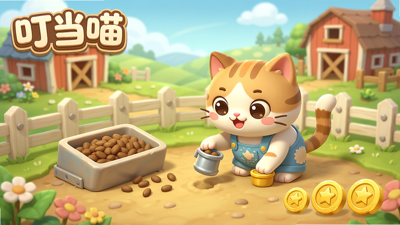 叮当喵农场游戏界面预览图,展示一只卡通猫咪在农场中玩耍,旁边有饲料槽、金币等元素,背景是田园风格,带有