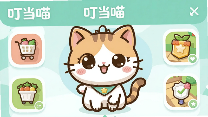 一张展示叮当喵APP主界面的预览图,画面中央是一只可爱的卡通猫咪,周围环绕着购物、农场、任务等图标,整体风格明亮清新,带有