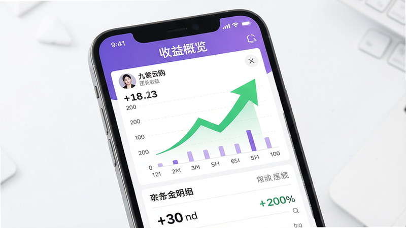 九紫云购团长收益界面,手机屏幕显示佣金明细图表,绿色箭头向上,数据清晰,背景干净,风格简洁,文字“收益概览”