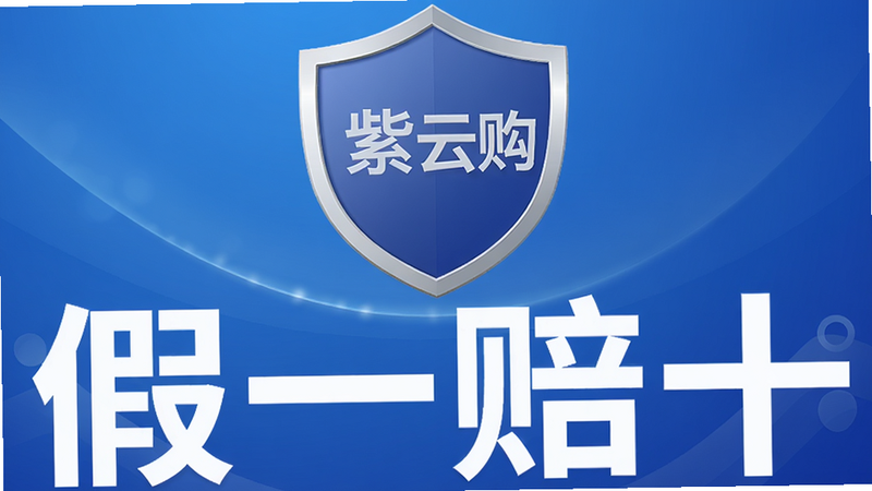 九紫云购正品保障图标,盾牌标志居中,背景蓝色渐变,文字“假一赔十”清晰,画质高清,干净无多余元素,风格简约大气