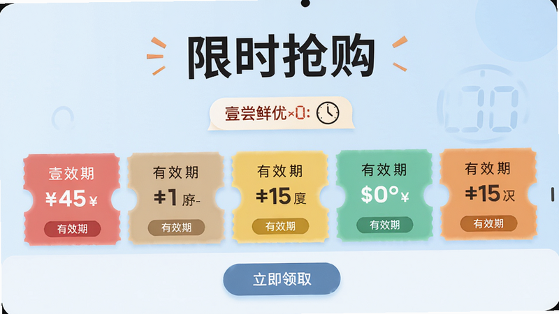 壹尝鲜优惠券领取界面,展示一排彩色优惠券卡片,券面标注折扣力度和有效期,背景为淡蓝色,上方有“限时抢购”字样,布局整齐,风格清新,细节包括倒计时图标和“立即领取”按钮,画质高清