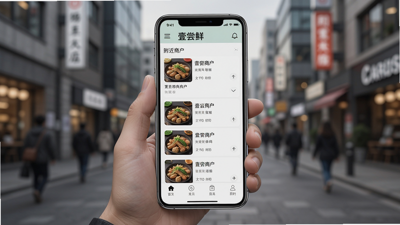 壹尝鲜使用场景示意图,展示一位用户手持手机打开应用,屏幕上显示附近的商户列表,背景为模糊的城市街景,主体为手机和界面,排版居中,风格写实,细节包括手机边框和界面图标,画质高清,干净无多余元素