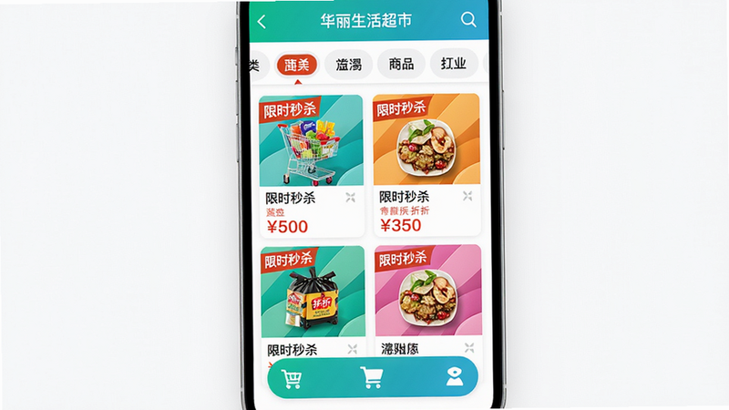 主体:华丽生活超市购物页面;布局:手机屏幕上半部分显示商品分类栏,中间为商品列表缩略图,底部有购物车图标;排版:清晰的信息流卡片,价格、折扣标签突出;风格:现代电商风格,色彩明快;细节:商品图片鲜艳,文字“限时秒杀”醒目;画质:干净整洁,无杂乱元素。