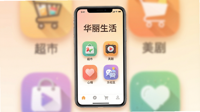 主体:华丽生活App主界面展示;布局:居中竖屏手机模型,背景为柔和的渐变色;排版:手机屏幕显示“华丽生活”标题,下方排列超市、美剧、心情、社区四个彩色图标;风格:扁平化、温暖治愈;细节:图标带有细腻投影,底部导航栏清晰;画质:超高清,干净无杂物,色调温馨。