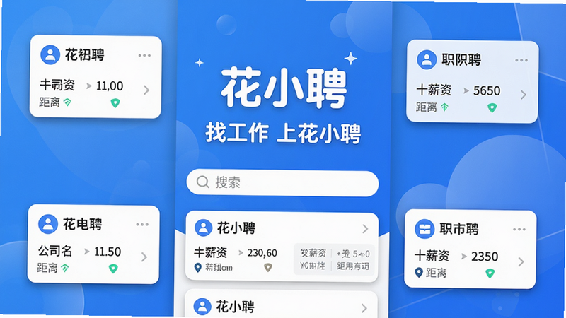 主体:花小聘APP主界面,背景为蓝色渐变,中央显示“花小聘”Logo和“找工作 上花小聘”标语,下方有搜索框和职位卡片列表;布局:居中对称,卡片式排列;排版:字体圆润清晰,重点文字加粗;风格:扁平化设计,简约现代,蓝白配色;细节:卡片带阴影,每个职位显示公司名、薪资、距离;画质:高清,干净,无多余元素