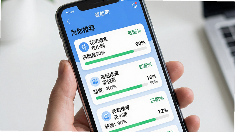 主体:手机屏幕展示花小聘的“智能推荐”页面,顶部有“为你推荐”标题,下方列出三个职位卡片,卡片上标注“匹配度90%”;布局:列表式纵向排列;排版:每个卡片包含公司名、职位名、薪资、匹配百分比;风格:清新蓝白,卡片圆角;细节:匹配度用绿色进度条显示;画质:高清,干净,无多余元素