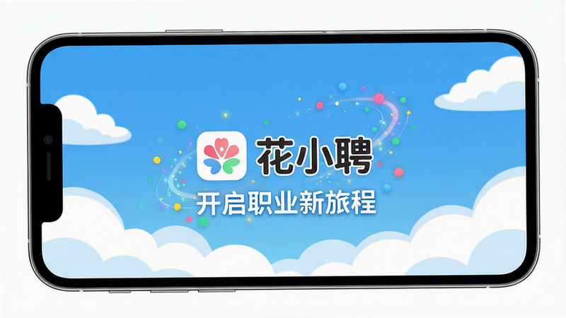 主体:手机桌面图标应用“花小聘”被点击后出现欢迎界面,背景为蓝天白云,中间有“花小聘”Logo和“开启职业新旅程”文字;布局:居中全屏展示;排版:文字动画渐入;风格:清新活力,卡通扁平;细节:Logo周围有粒子特效;画质:高清,干净,无多余元素