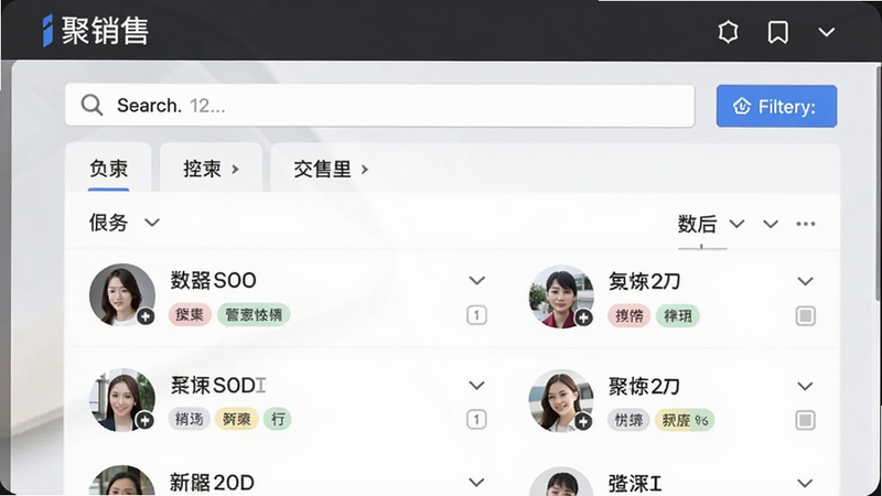 A screenshot of the '聚销售' customer management module, showing a list of contacts with tags and filters. The interface is user-friendly, with search bar and category tabs. Clean design, high resolution.