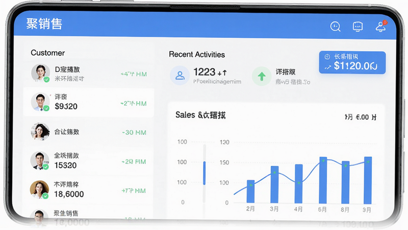 A detailed screenshot of the '聚销售' app interface, showing the main dashboard with customer list, recent activities, and a sales chart. The design is modern, clean, with blue and white color scheme. The layout is well-organized, with clear icons and labels. High quality, no extra elements.