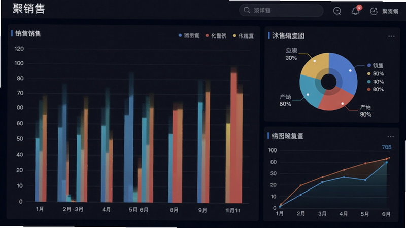 A dashboard screenshot of '聚销售' showing bar charts, pie charts, and line graphs for sales performance. The colors are vibrant, labels clear. Professional style, high quality.