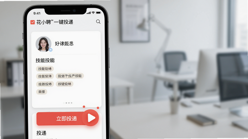 主体:花小聘“一键投递”操作界面,展示简历预览和投递按钮。布局:手机竖屏截图,重点突出红色“立即投递”按钮。排版:简洁卡片式设计,白色背景。细节:简历中包含头像、姓名、技能标签,按钮有动画效果。画质:干净、明亮、无多余元素