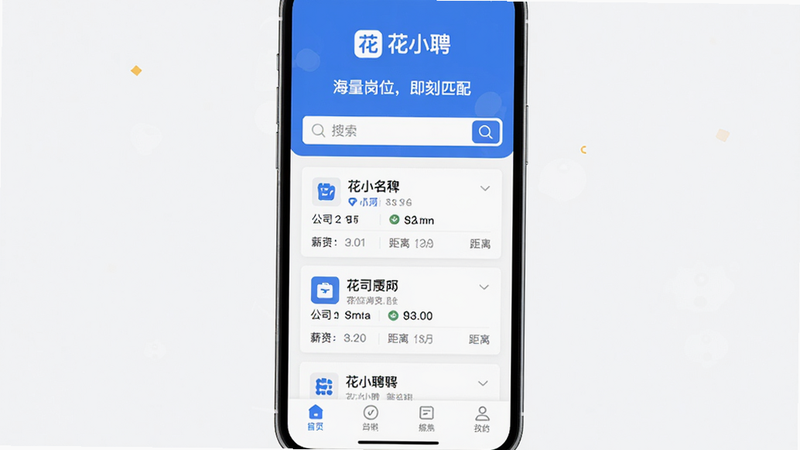 主体:花小聘App的首页界面,展示岗位列表与搜索框。布局:居中构图,手机屏幕展示,上方显示“花小聘”Logo和“海量岗位,即刻匹配”标语。排版:清爽扁平化风格,蓝色主色调,白色背景。细节:岗位卡片包含公司名称、薪资、距离,底部有导航栏。画质:高清、干净、无多余元素