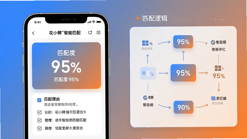 主体:花小聘“智能匹配”功能页,展示匹配度百分比的卡片。布局:左半部分为手机界面截图,右半部分为匹配逻辑的图示。排版:信息图风格,蓝色与橙色渐变。细节:卡片上显示“匹配度95%”,下方列出匹配理由。画质:细腻、干净、无多余元素