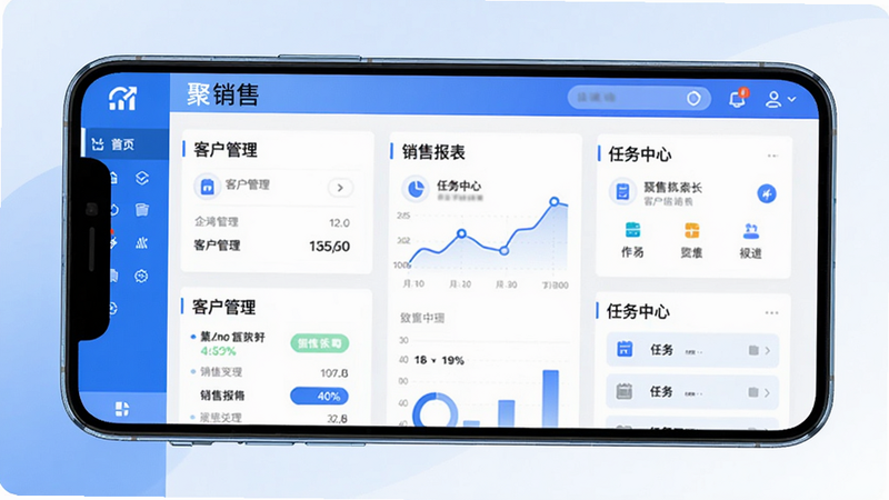 聚销售软件主界面预览图,展示客户管理、销售报表、任务中心等核心功能模块,整体布局简洁清晰,采用蓝白配色,界面干净无多余元素,画质高清,突出