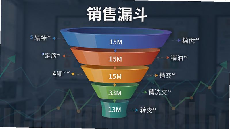 聚销售销售漏斗分析图,展示漏斗形状的转化率图表,颜色渐变,数据标注清晰,背景简洁,画质高,包含