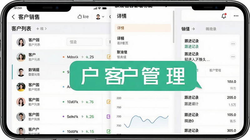 聚销售智能客户管理功能截图,展示客户列表、详情页、跟进记录等界面,布局清晰,数据展示直观,颜色明快,画质干净,突出