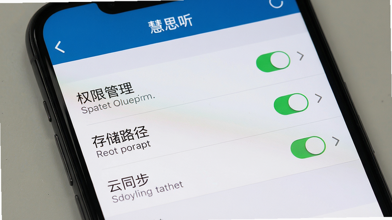 主体:手机屏幕显示慧思听设置界面,布局列表菜单,包含权限管理、存储路径、云同步等选项,风格系统设置样式,细节每个选项有开关和箭头,画质高清,干净无多余元素