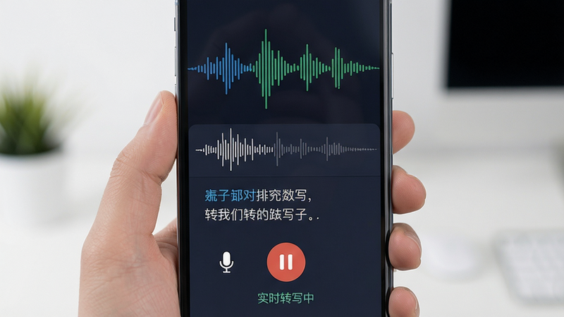 主体:手机屏幕显示录音界面,下方有波形和转写文字,布局上半部分波形动态,下半部分滚动文字,排版清晰,风格科技感扁平界面,细节麦克风图标、暂停按钮,