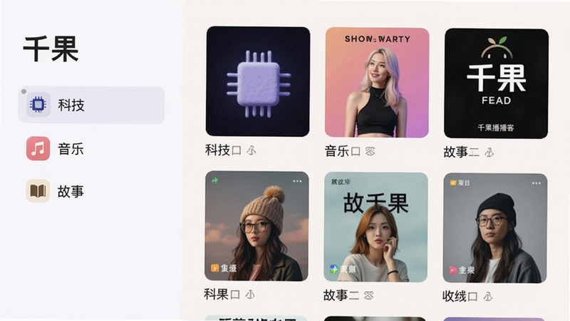 展示“千果”播客分类页面,左侧为分类列表如“科技”、“音乐”、“故事”,右侧为节目封面墙,布局清晰,色彩柔和,干净。