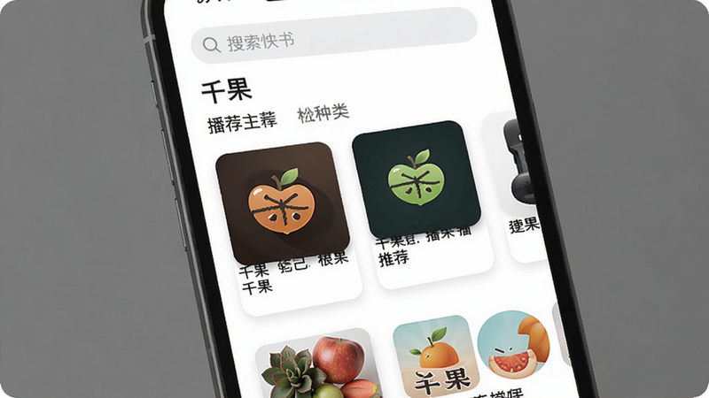 手机屏幕上展示“千果”播客主界面,顶部有搜索栏,下方为分类推荐卡片,整体白色背景,简约扁平风格,清晰显示播客封面图和标题,画质高清,干净无多余元素。