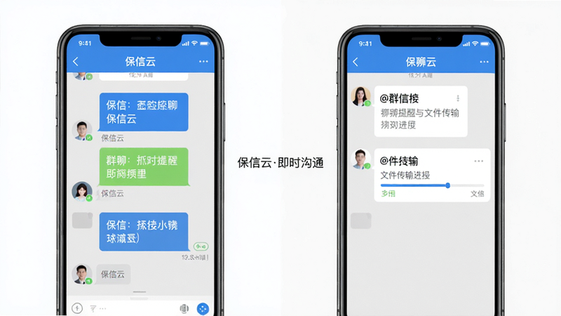 展示两部手机屏幕并列,左侧手机显示保信云聊天界面,右侧手机显示群聊@提醒与文件传输进度条。布局左右对称,风格现代扁平,蓝色和灰色为主,细节包含消息气泡、头像和已读标记,画质干净,图片中央用小字标注“保信云即时沟通”。