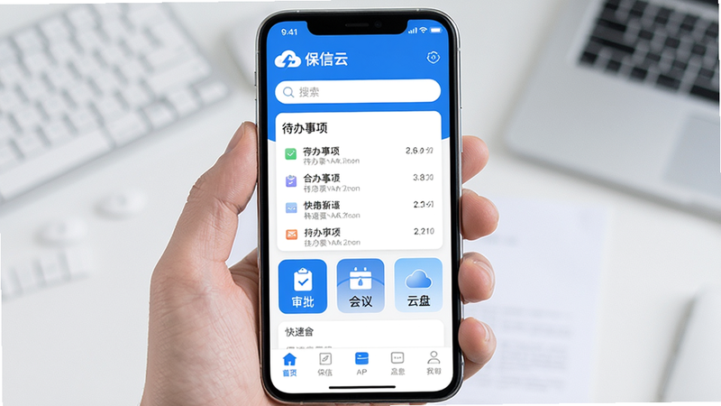 画面主体为一部智能手机屏幕,显示保信云APP主界面,布局上方有“保信云”品牌logo和搜索栏,中间展示待办事项列表与快捷功能图标(如审批、会议、云盘),底部导航栏分明。风格清新商务,采用蓝白主色调,细节精致,画质清晰,干净无多余元素。