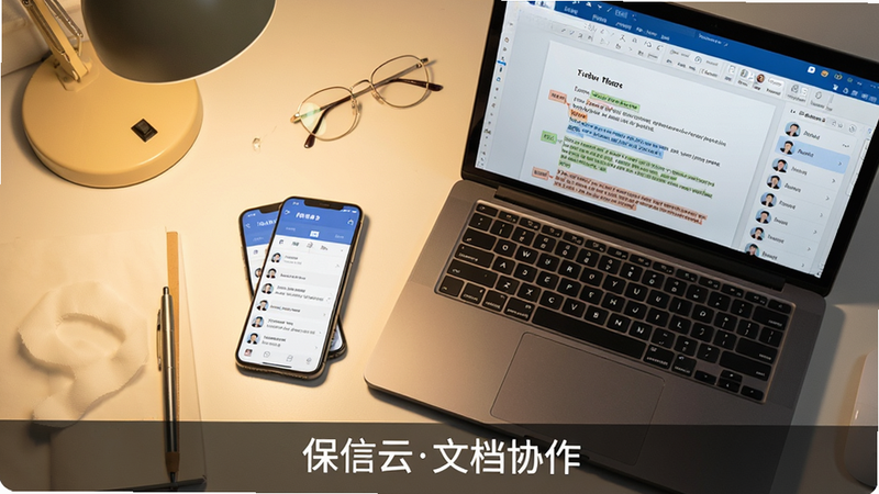 俯拍一张办公桌,桌面放着一台笔记本电脑和一部手机,手机屏幕显示保信云文档编辑界面,笔记本屏幕显示同一文档的协作列表。布局整洁,风格写实商务,暖色调灯光,细节包括文档中的批注和头像,画质清晰,无多余元素,图片底部标注“保信云文档协作”。