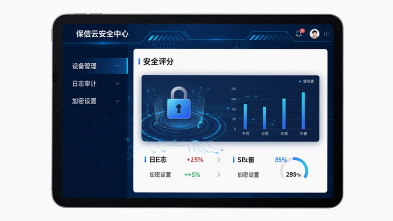 展示一个平板电脑界面,屏幕显示保信云安全中心后台,左侧菜单有“设备管理”“日志审计”“加密设置”,右侧展示安全评分图表。布局左右分栏,风格科技感,深蓝色背景搭配发光线条,细节包括安全锁图标和百分比数据,画质干净,无多余元素。