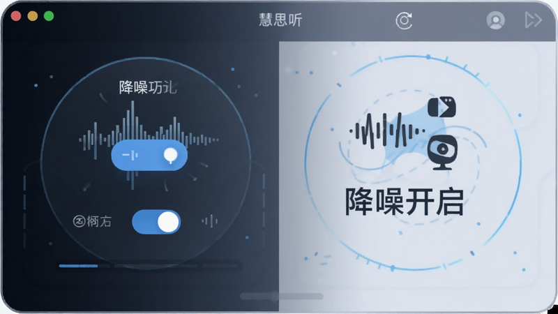慧思听录音界面,显示降噪功能开关,背景有嘈杂环境图标和“降噪开启”文字,布局简洁,科技感风格,高清画质,无多余元素