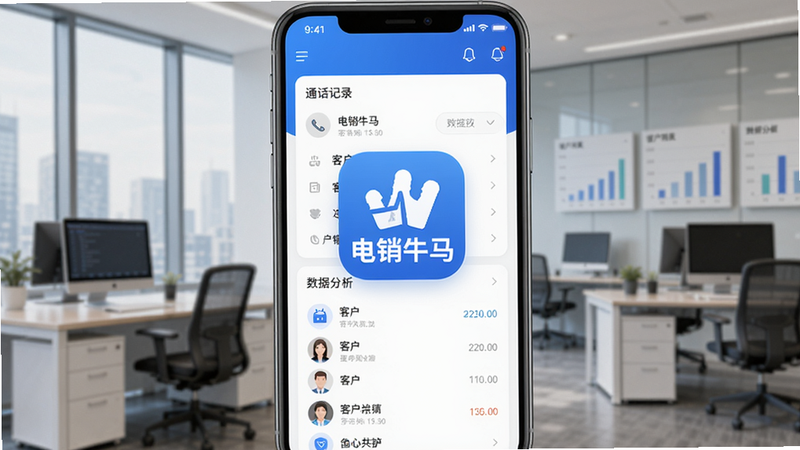 展现电销牛马App的主界面,包含通话记录、客户列表、数据分析图表等模块,整体风格现代简洁,以蓝色和白色为主色调,画面中央显示‘电销牛马’应用图标,背景为商务办公场景,画质清晰干净无多余元素