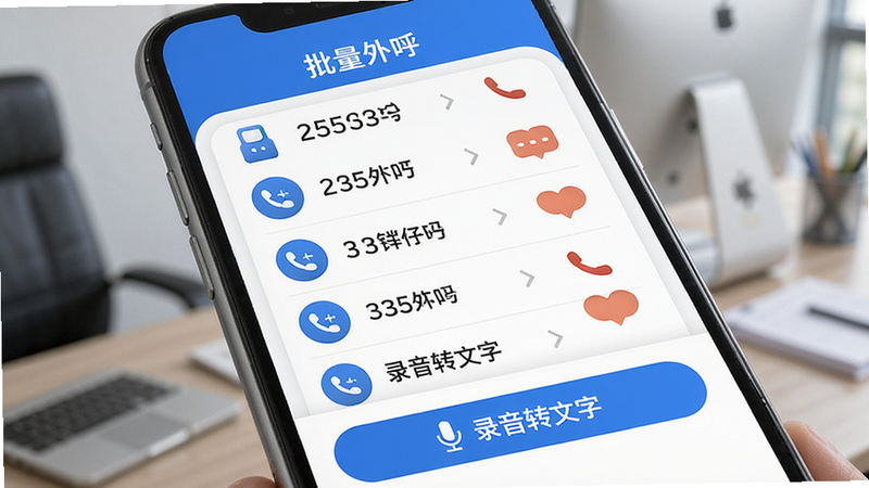 展示电销牛马外呼界面,手机屏幕上显示‘批量外呼’功能,列表中有多个号码正在拨出,下方有‘录音转文字’按钮,界面清晰,图标圆润,色彩搭配商务蓝,画质高清无多余元素