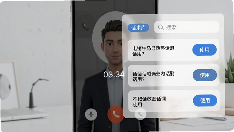 主体为电销牛马App的话术提示界面,半透明浮层覆盖在通话界面之上,浮层内列出三条话术选项,每条带“使用”按钮,背景为通话中的虚拟人物头像与通话计时,布局简洁,风格现代,细节有“话术库”标签和搜索框,画质干净。