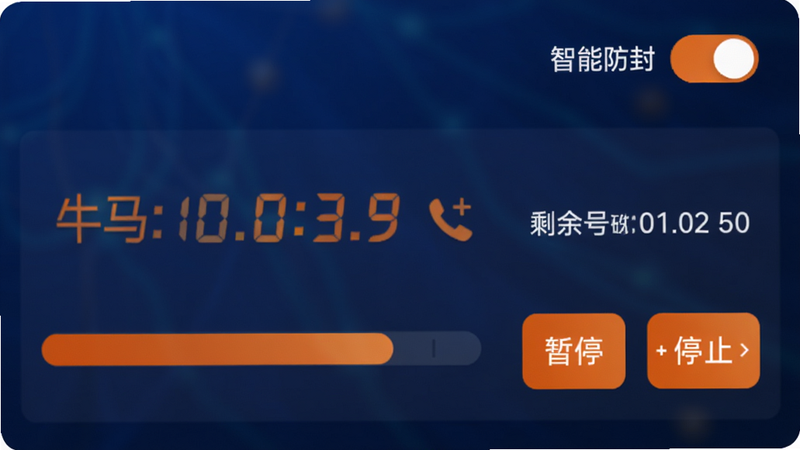 主体为电销牛马App的批量外呼操作页面,中央显示一个进度条与剩余号码数,右侧有暂停/停止按钮,顶部有“智能防封”开关,背景是深蓝色渐变,数字和按钮采用高亮橙色,画质锐利,干净无杂物。