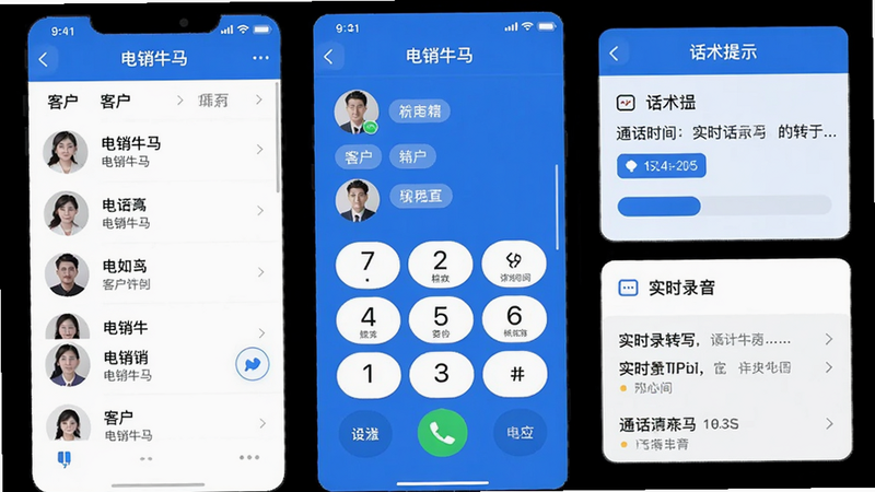 主体为“电销牛马”App的界面截图,居中展示,左侧为通话面板与客户列表,右侧为话术提示与实时录音转写卡片,整体采用扁平化UI风格,蓝色主色调配白色背景,细节显示拨号键、客户姓名标签、通话时长进度条,画质高清干净,无多余元素。