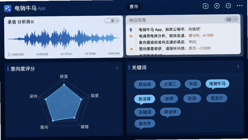 主体为电销牛马App的通话分析报告页面,上半部分展示录音波形图与转写文字,下半部分显示意向度评分雷达图与关键词标签,布局左右分栏,颜色以深浅蓝为主,字体清晰,画质高,无多余元素。